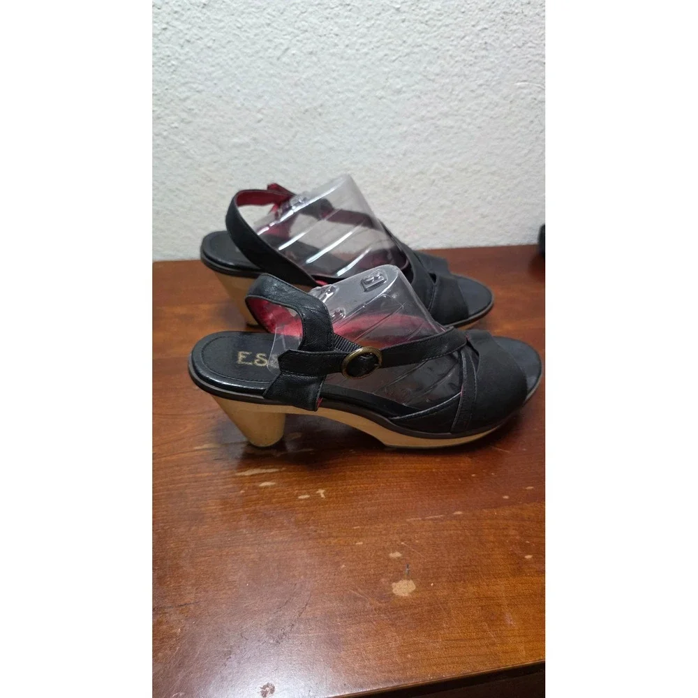 Esska Black Leather‎ Wooden Platform Sandals Womens 42 Retro Clog Heels